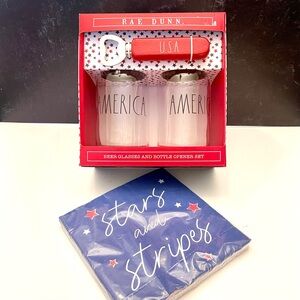 Rae Dunn glass and bottle opener set w/napkins.